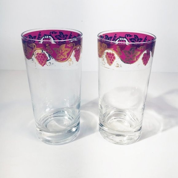 MCM Highball Glasses Set of 2 Gilt Edge Cranberry Flashed Grape Cluster Barware - Picture 3 of 8